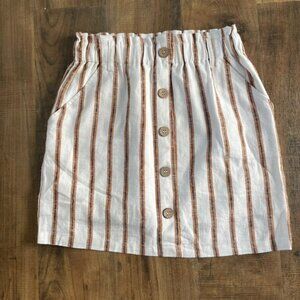 Love Tree Striped Button Front Mini Skirt White Tan Linen Blend Paperbag Waist S